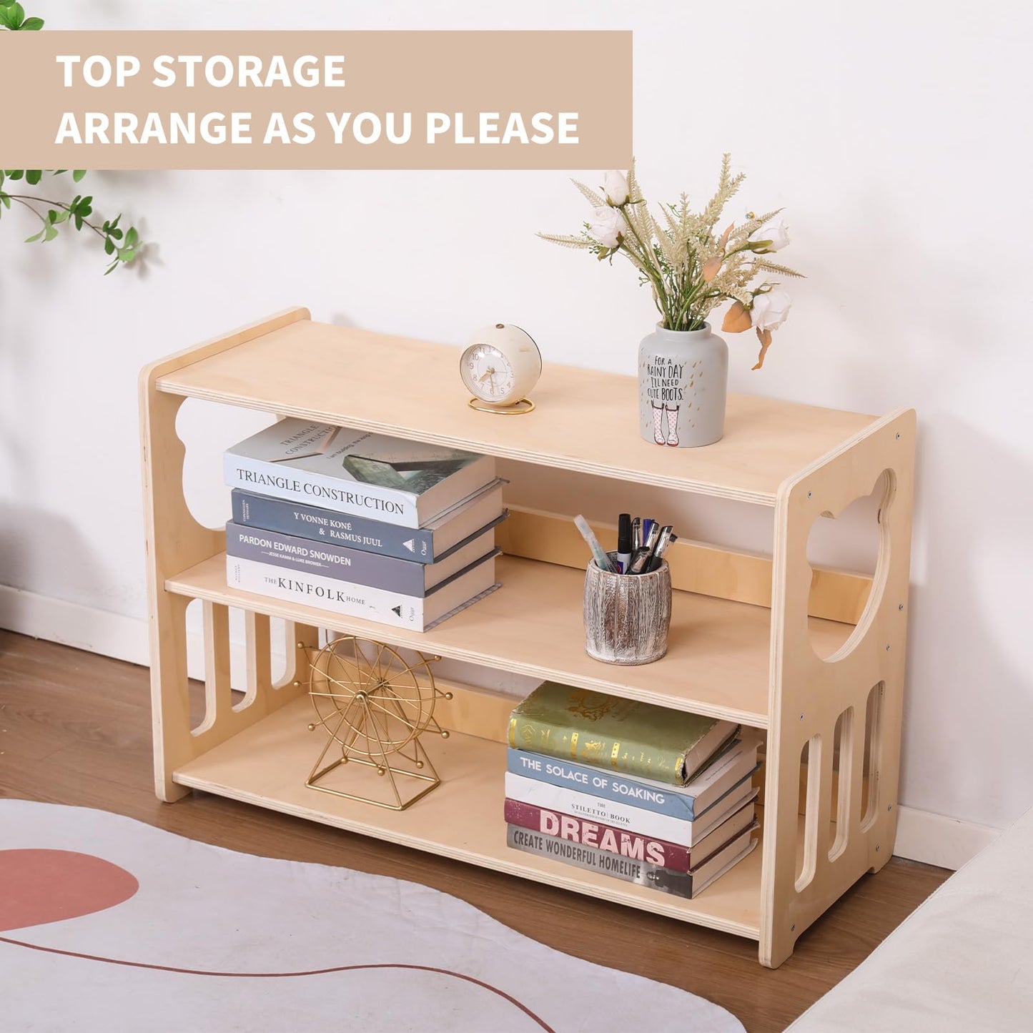 Montessori children's bookshelves, toy shelves, wooden storage and organization shelves, sturdy and safe kindergarten classroom furniture bookcases （3Tier）