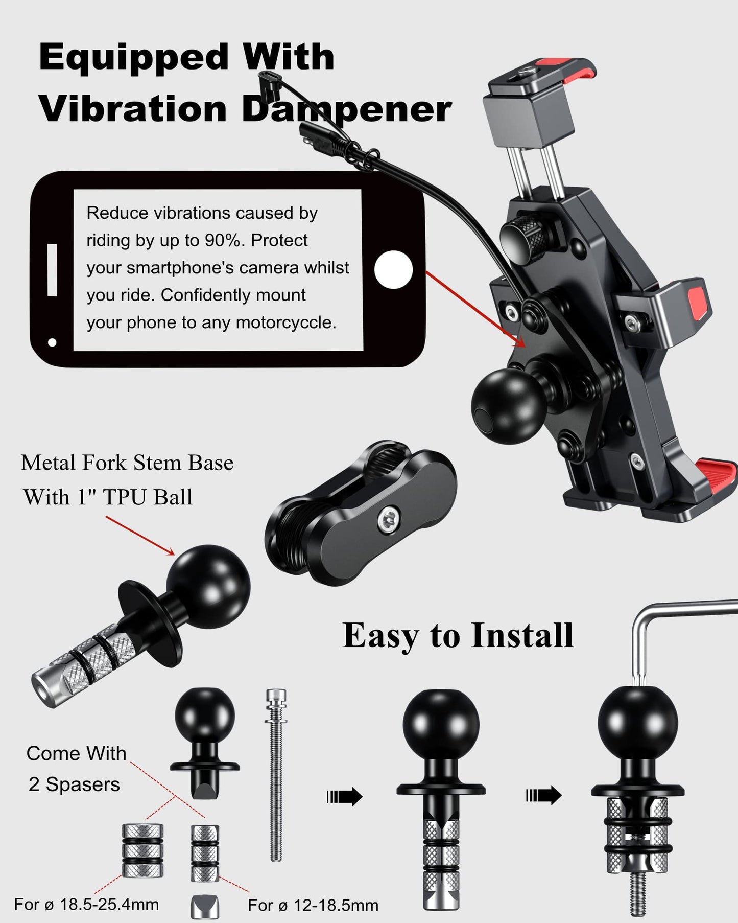 Brcovan Motorcycle Fork Stem Phone Mount With Qi 15W Wireless Charger & Vibration Dampener, Anti-Theft, Anti-Shake, Adjustable,