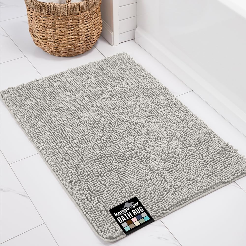 KANGAROO Bathroom Rugs, Chenille Soft Absorbent Bath Rug, Shaggy Shower Mat, Quick Dry Machine Wash Bathmat, Plush Carpet Mats for Tub, Bathtub and Room Home Decor Accessories, 42x24, Light Gray