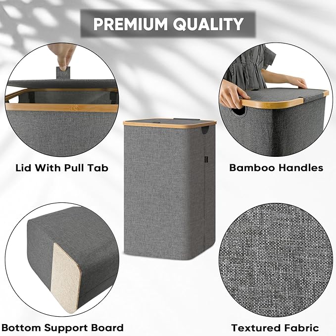 BALEINE Laundry Hamper with Lid, Tall Laundry Baskets with Bamboo Pull Handles, Large Laundry Bin with Internal Support (18 Gal/70L, Green)