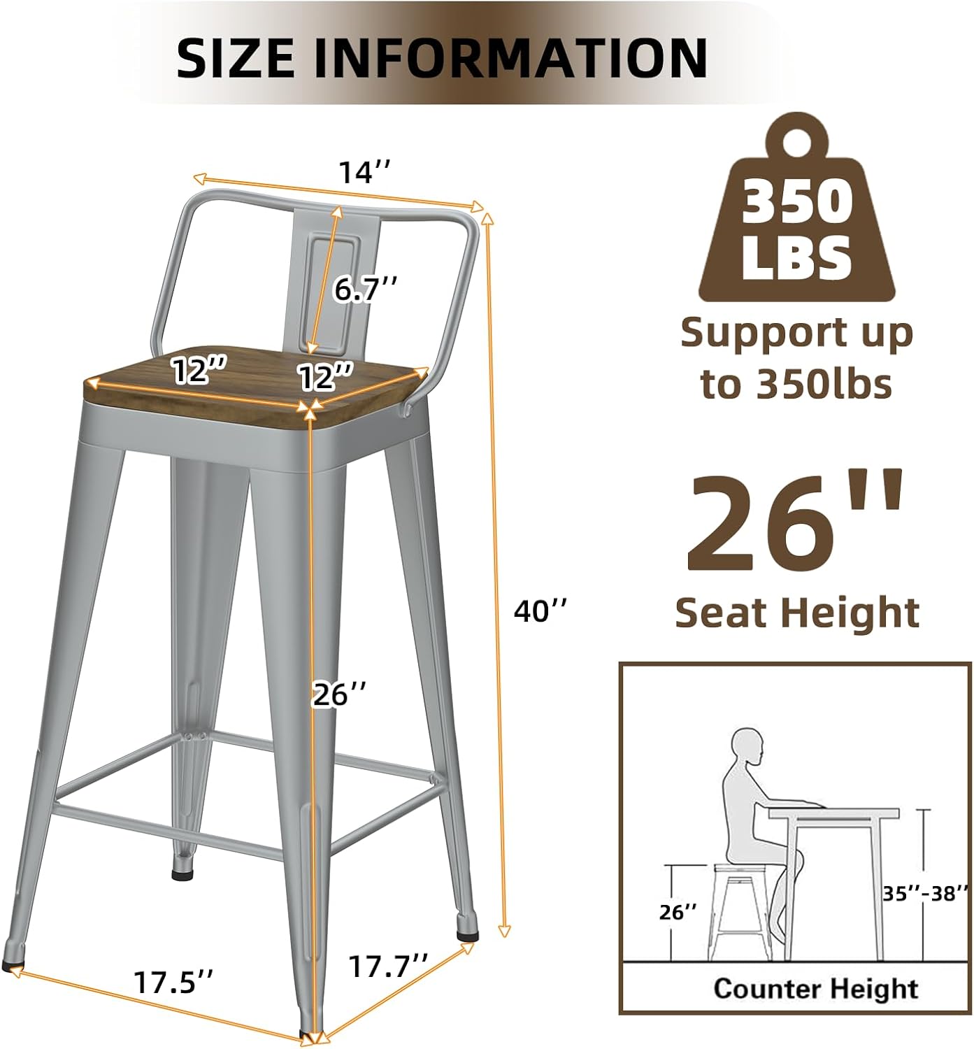 Silver Bar Stools Set of 4, Metal Bar Stools with Wooden Seat, Modern 26”Counter Height Barstools with Low Back
