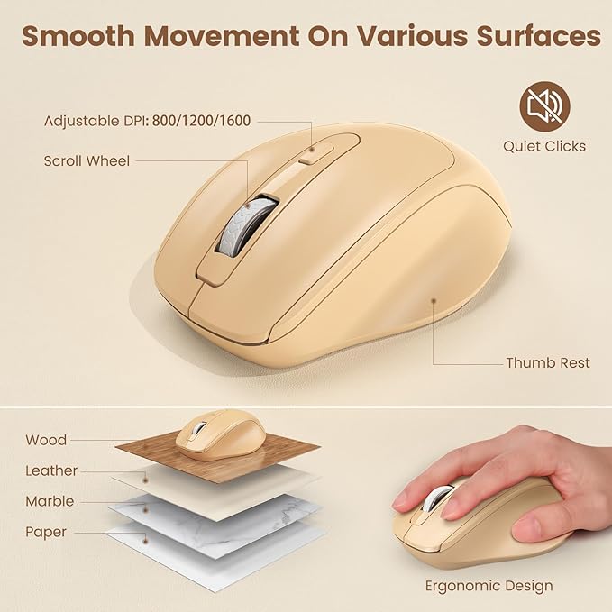 Wireless Keyboard and Mouse Combo, Retro Round Keycaps, Full-Size Stylish Typewriter Keyboard with Phone/Tablet Holder, Ergonomic Mouse with 3-Level DPI, 2.4GHz Connection for Windows/PC (Milk-Tea)