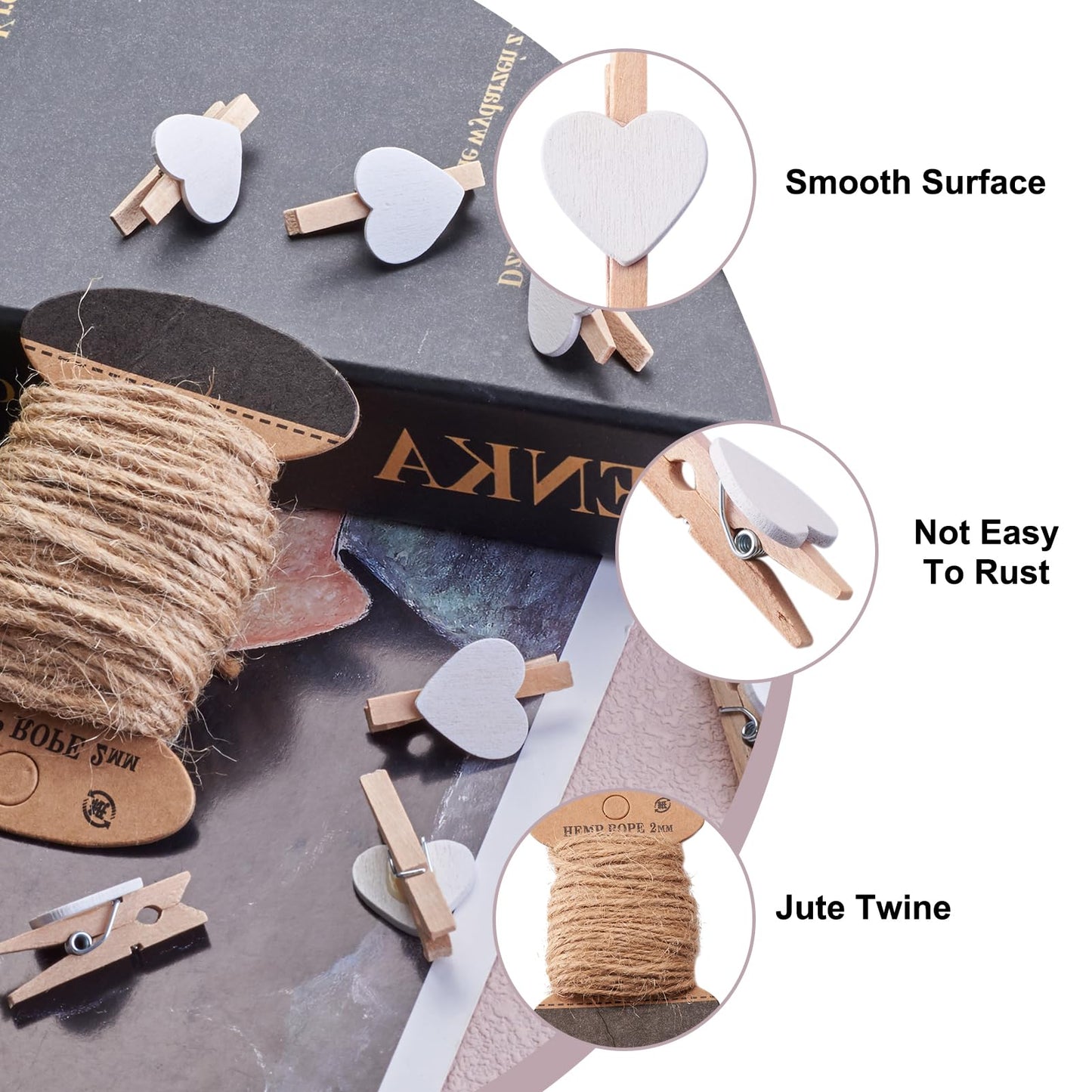 Pandahall 100pcs White Heart Clothespins Wooden Photo Paper Peg Pin Craft Clips with 10.9 Yards Natural Jute Twine for Paper Photo Display Hanging Home Party Wedding Decoration