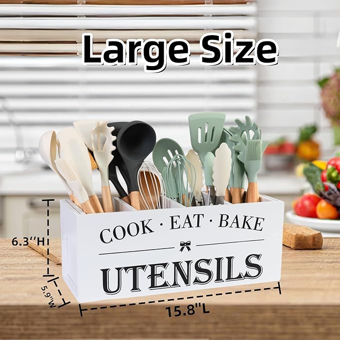 Utensil Holder,Extra Large Wooden Utensil Holder For Kitchen Counter,Cooking Spatula Organizer,Big Storage Caddy With 4 Compartments Flatware Spoon Tool Cutlery（White）