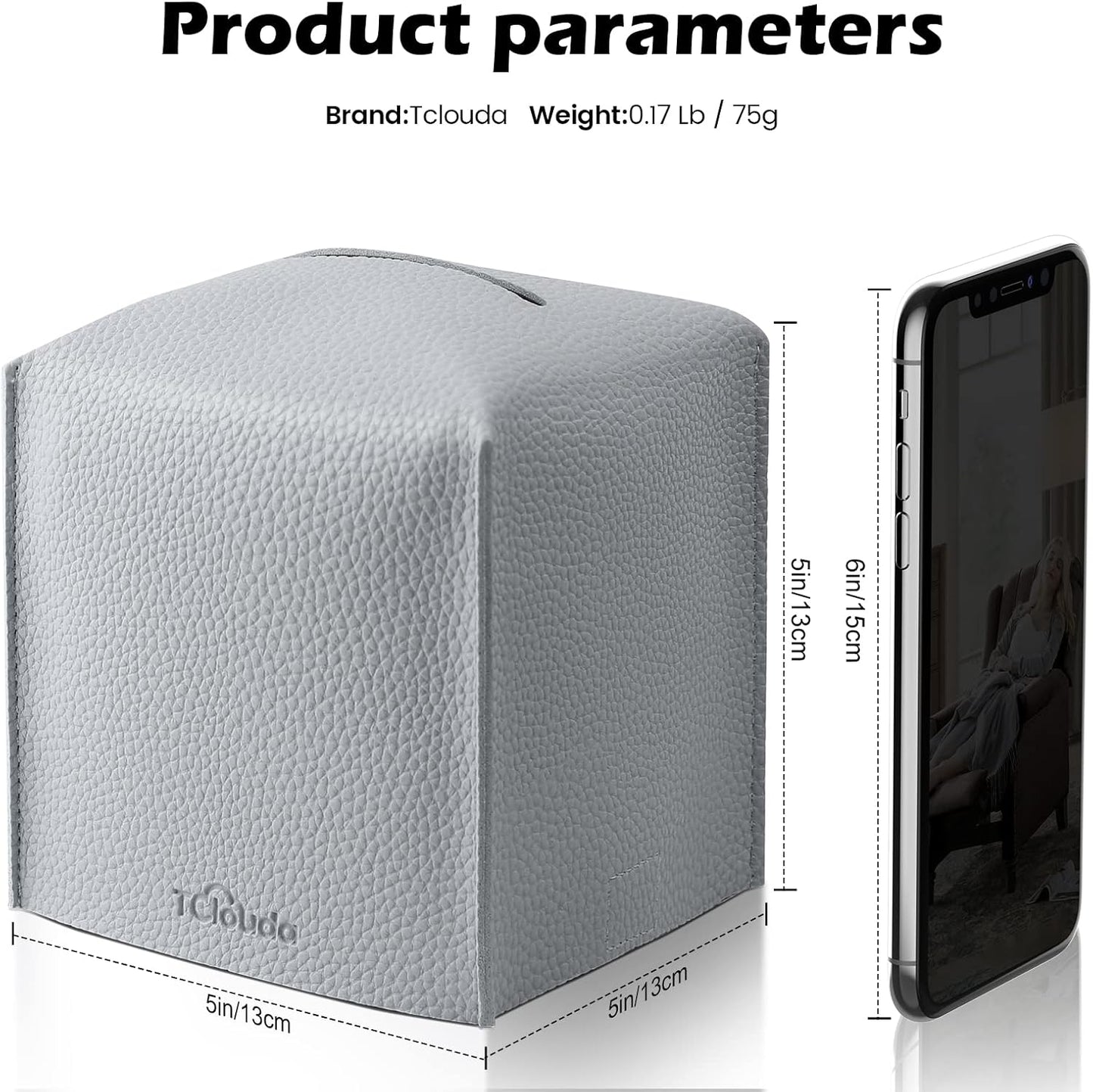 Tissue Box Cover, Tclouda, Modern PU Leather Square Tissue Box Holder for Creative Decorative, Ideal for Bathrooms/Office/Car/Nightstand/Outdoor Tent/Dining Table, 5"X5"X5", Single Gray