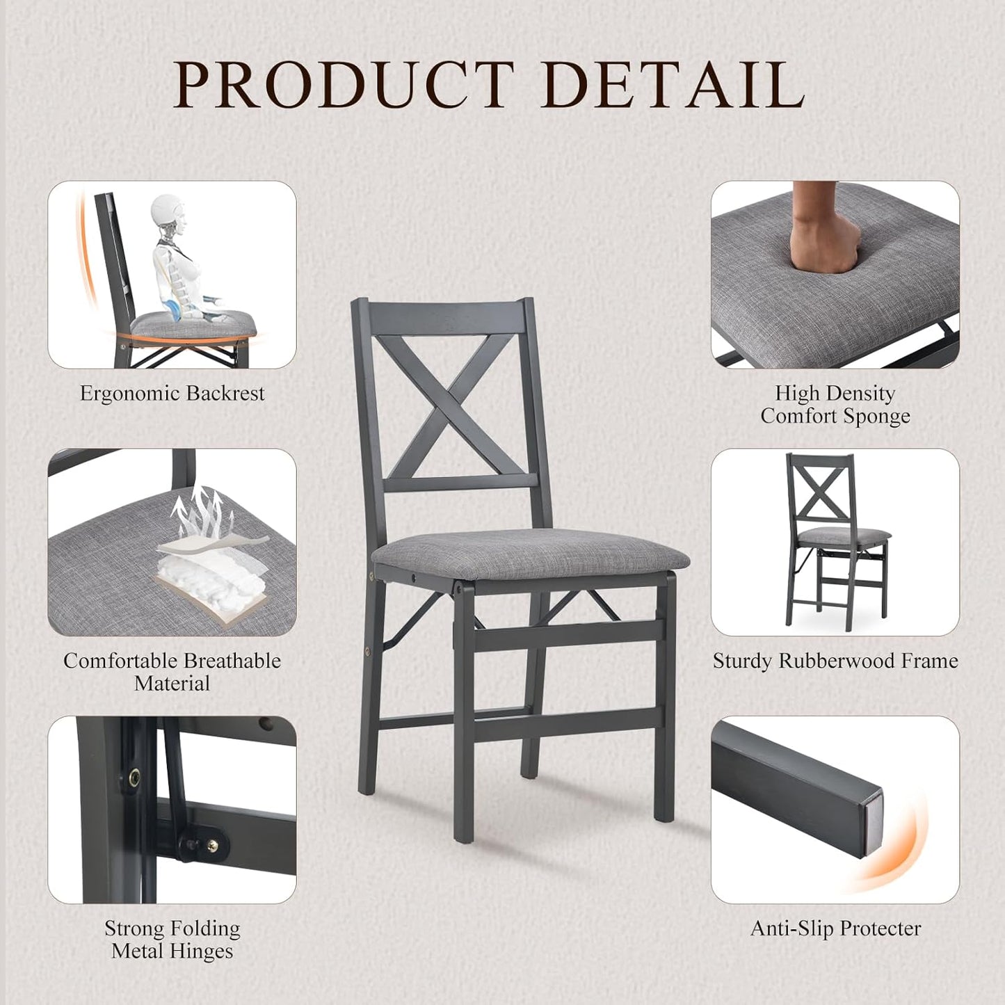 COLAMY Folding Dining Chairs Set of 6, Foldable Chairs with Padded Seats, Wood Folding Dining Room Chairs for Kitchen, Party, Camping, Dark Grey