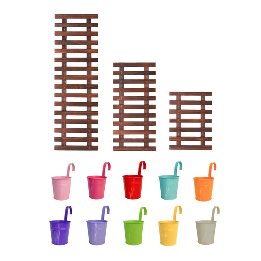 ShopLaLa Bundle- 3 Pack,Assorted Size Wooden Plant Holder + 10 Pack, 4 Inch Multicolor Metal Pot Live Hanging Vertical Garden Display Indoor Wall Mount Frame Stand Balcony Deck Rail Fence Garden Decor