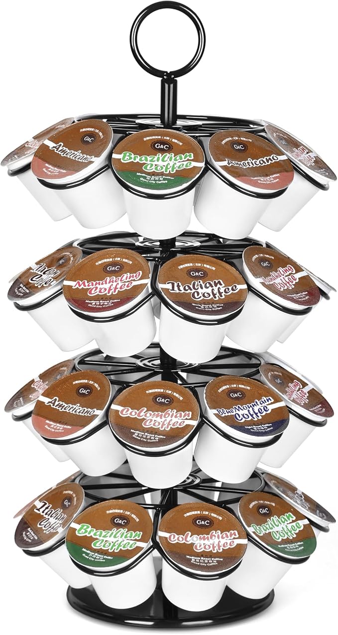 K-Cup Pod Carousel Holder and Organizer for 36 Pods - Spins 360 Degrees, Detachable, Modern Metal Design in Black for Home and Office Counters