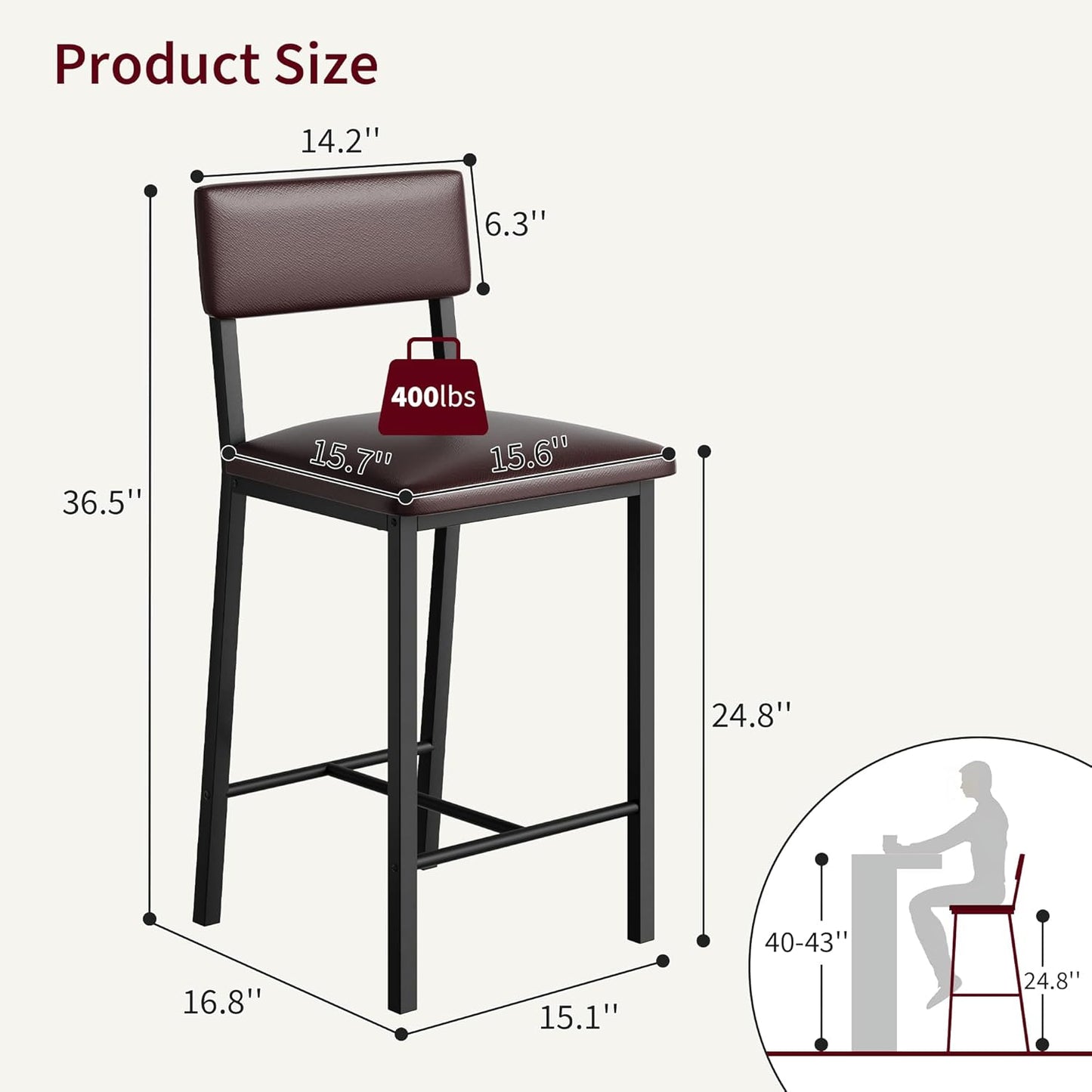 Garvee Bar Stools Set of 2, Kitchen Barstools with Thick Cushion, 25 Inch Counter Height Bar Stools with Backrest and Footrest, for Dining Room, Kitchen Island Counter Chairs, Retro Brown