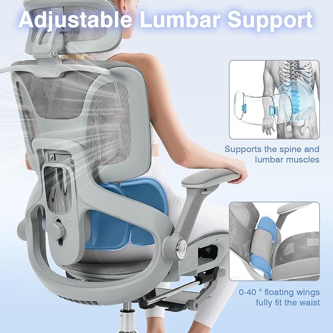 Ergonomic Mesh Office Chair with 4D Armrests, High Back Desk Chair Computer Gaming Chairs with Footrest, Adjustable 3-Zone Dynamic Lumbar Support, Ergonomic Office Chair with Wheels, Gray