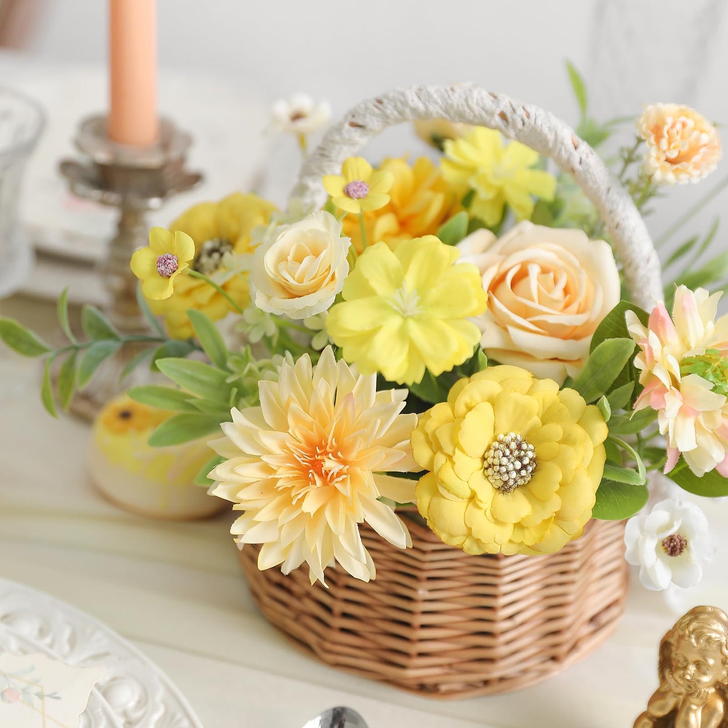 RUIDKUN Fake Flowers Heads Bulk Yellow Mini Artificial Silk Flower for Crafts, Small Artificial Daisy Roses Faux Flowers for Graduation Cap DIY Cake Wedding Party Home Garland Decoration