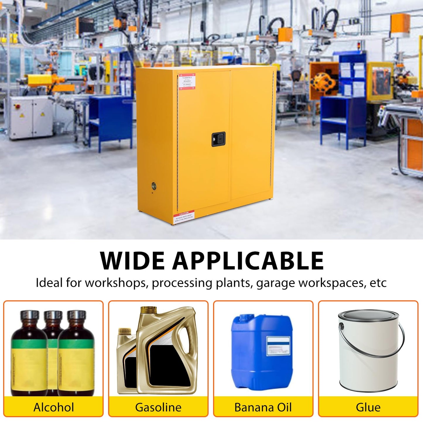 PeacefulHues 30 Gal Flammable Safety Cabinet, 2-Door Yellow Safety Storage Cabinet with Adjustable Shelves, Galvanized Steel Chemical Cabinet for Garage, Shop, Industrial Use