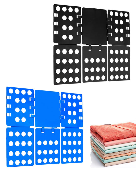QWORK PP Composite Folding Board, 2 Pack Folding Clothes Board - Black + Blue, One-Hand Operation Laundry Folding Tool, Non-Slip Silicone Buckles, T Shirt Folder, Laundry Folders for All Garments
