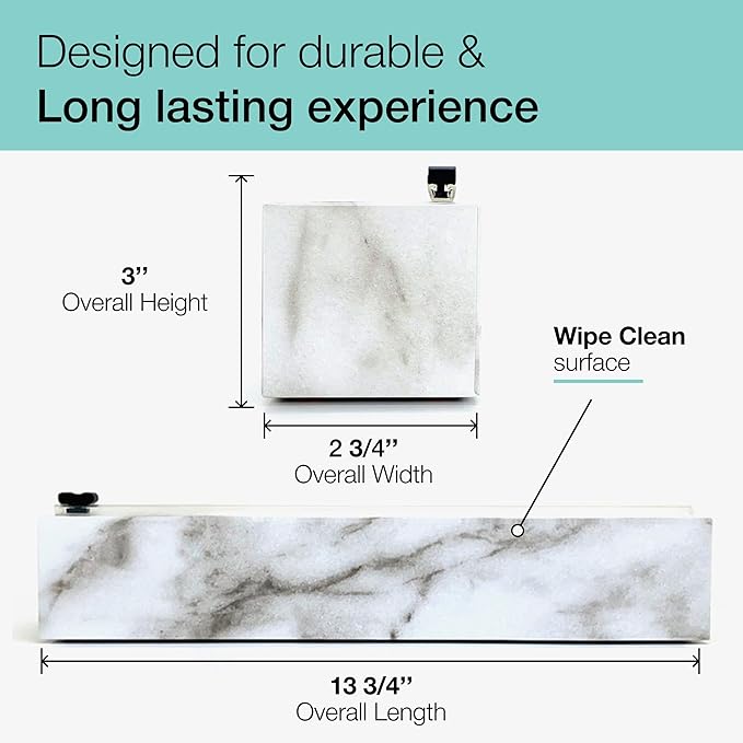 Chicwrap Carrara Marble Refillable Plastic Wrap Dispenser - One 12" x 250' Roll of Professional Grade Plastic Wrap - BPA Free and Kosher Certified - Reusable Dispenser w/Slide Cutter