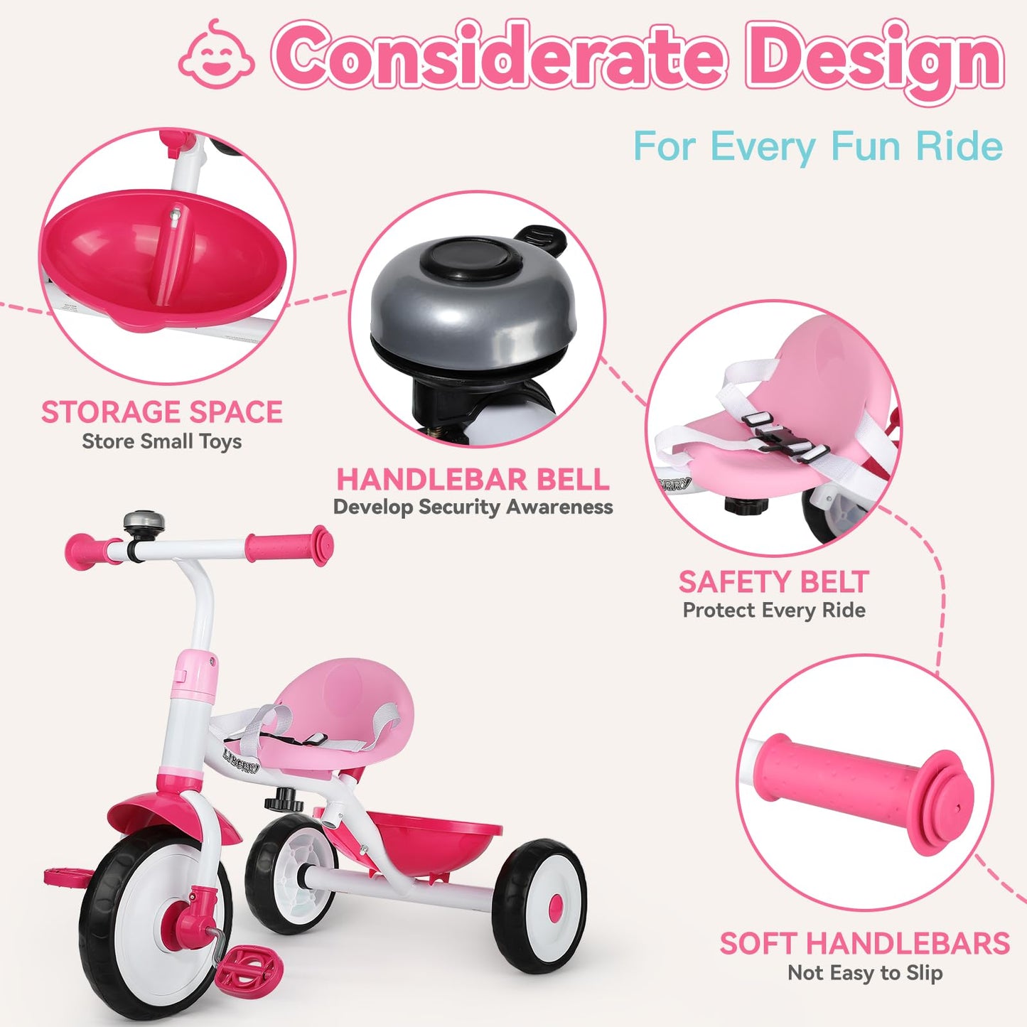 Liberry 2 in 1 Toddler Tricycle Age 2 3 4 Years Old, Kids Trike with Adjustable Push Handle, Bell & Basket, 3 Wheel Bike Riding Toy Birthday Gift for Girls Boys, Pink