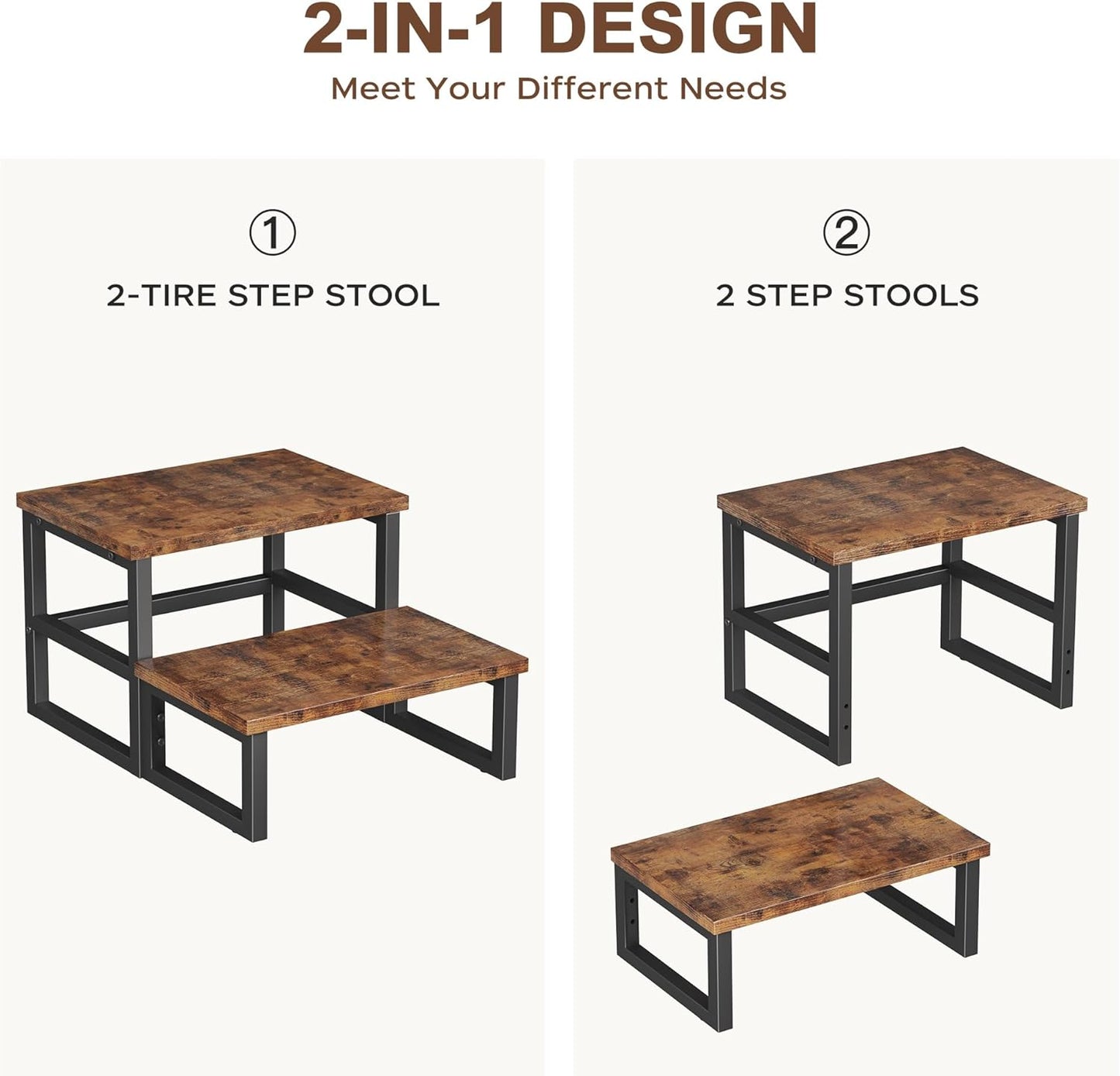 Homeiju 3 in 1 Step Stools for Adults Kids Toddler, Heavy Duty Wooden Step Stool with Non-Slip Pads, 2 Tire Step Stool for Kitchen Bathroom Bedroon Stepping Stool, Rustic Brown