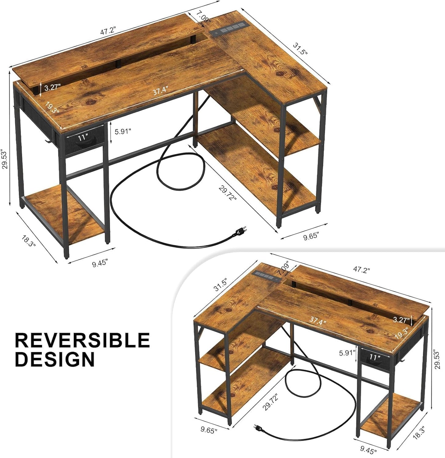 47" L Shaped Computer Desk with LED Light and Power Outlet, Reversible L Shaped Desk with Monitor Stand and Drawer, Gaming Desk with Shelves and 2 Hooks for Home Office Bedroom