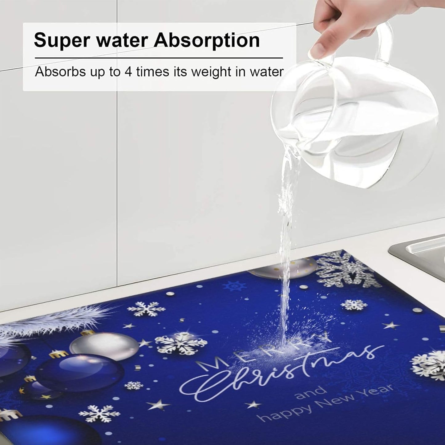 Dish Drying Mat Christmas Blue Ball Fir Branch Snowflake for Kitchen Counter Absorbent 16x18 Inch Microfiber Dishes Plate Glass Dry Draining Pad Reversible Washable