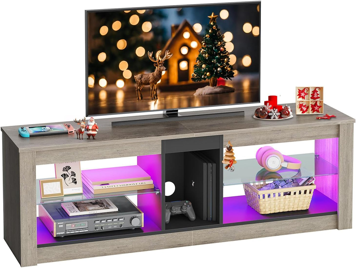 Bestier Entertainment Center LED Gaming TV Stand for 55+ Inch TV Adjustable Glass Shelves 22 Dynamic RGB Modes TV Cabinet Game Console PS4, Wash Gray