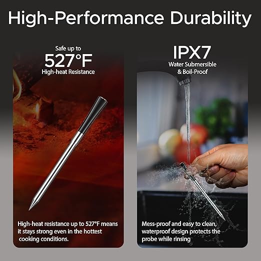 750ft Wireless Meat Thermometer Long Range for Smoker, BBQ & Rotisserie, Smart Bluetooth Thermometer Dual Sensor Waterproof Probe with LCD Base Station Display & App Control