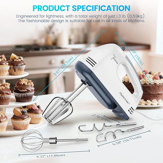 Hand Mixer Electric, Small Food Mixer 7 Speeds Handheld Blender,304 *(1* Whisk, 2* Beater, 2*Dough Hook) Kitchen Blender for Cream, Cookies, Dishwasher Safe, White