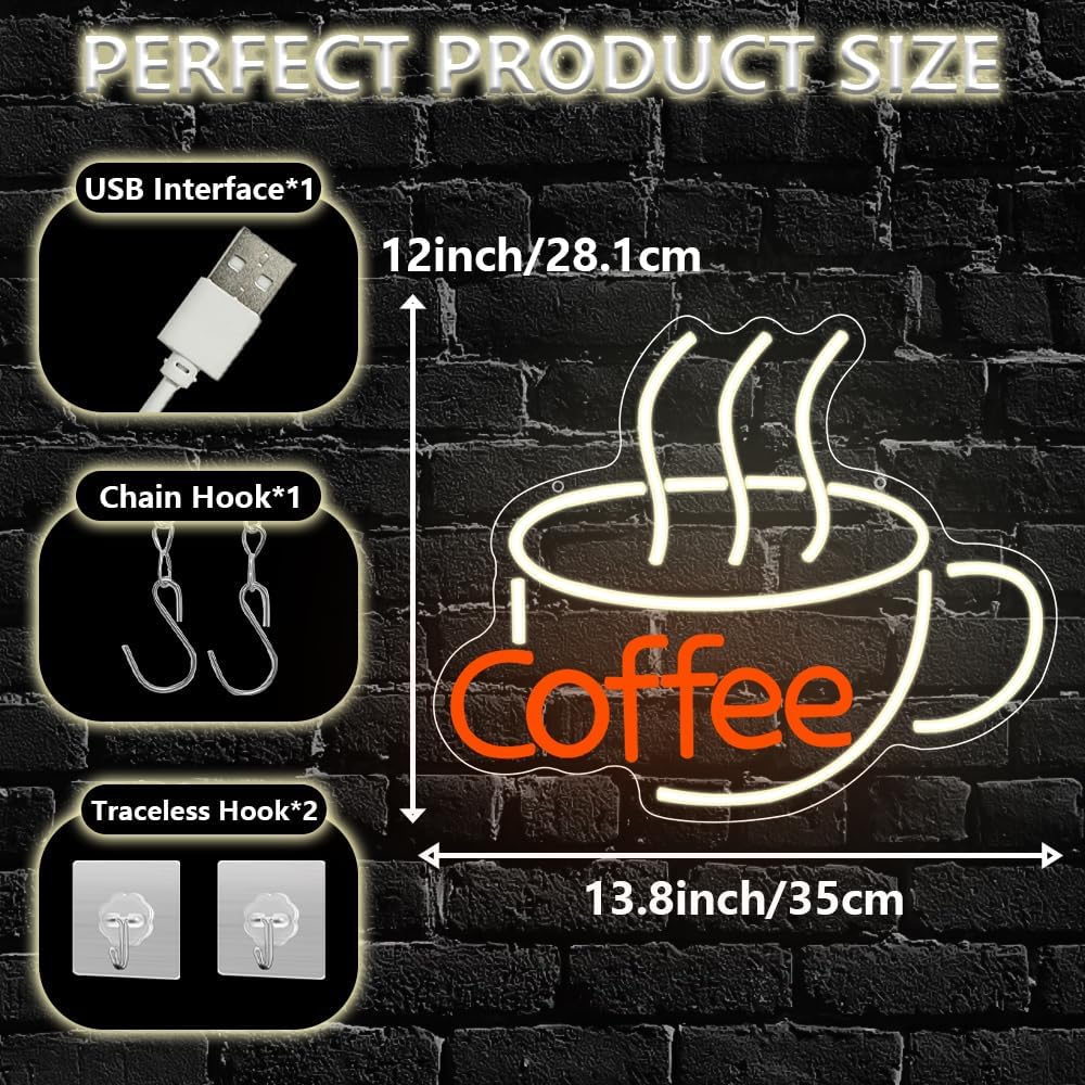 Coffee Neon Sign,Warm White Dimmable LED Light Signs for Wall Art Decor,Backdrop Gift for Coffee Bar/Shop/Station Man Cave Business USB Powered（13.8"*11.1"）