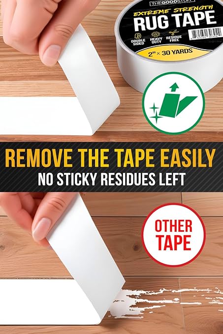 The Good Stuff Double Sided Carpet Tape [2 Inch x 10 yd] Secure Area Rugs to Carpets, Laminate, and Hardwood Floors, Easy to Remove and Restick Without Residue or Damage to Rug or Floor