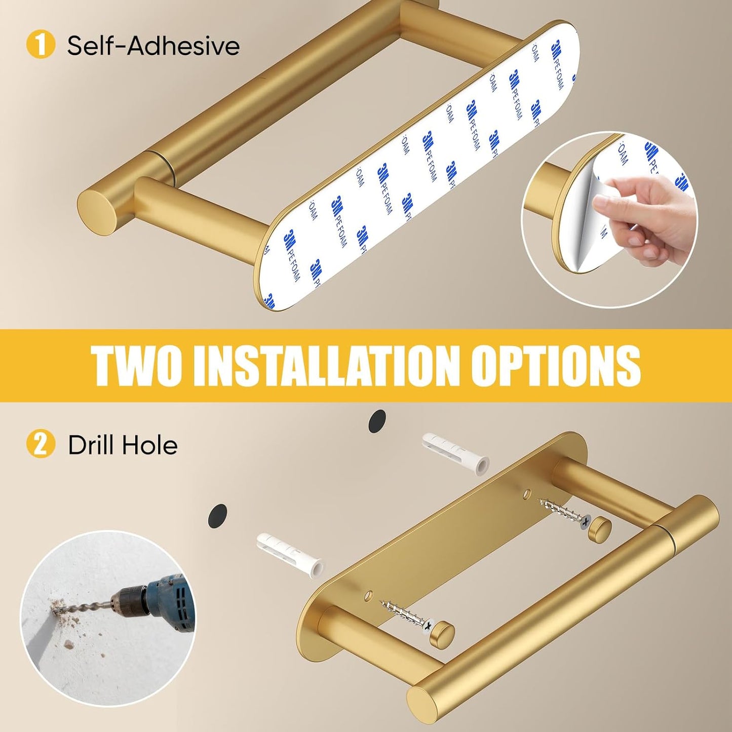 BESy Adhesive or Screw Toilet Paper Holder Wall Mount Rustproof Modern Roll Holder Flexible Pivoting Adjustable Tissue Handle with Self Adhesive or Mounted with Screws Stainless Steel Brushed Gold