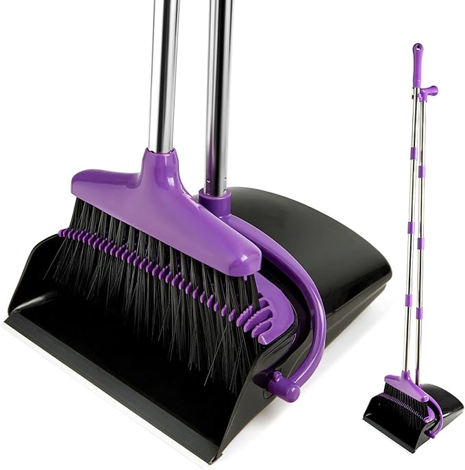 Broom and Dustpan Set, Long Handle Lightweight Dustpans with Broom Combo for Home Sweeping for Room Kitchen Office Purple