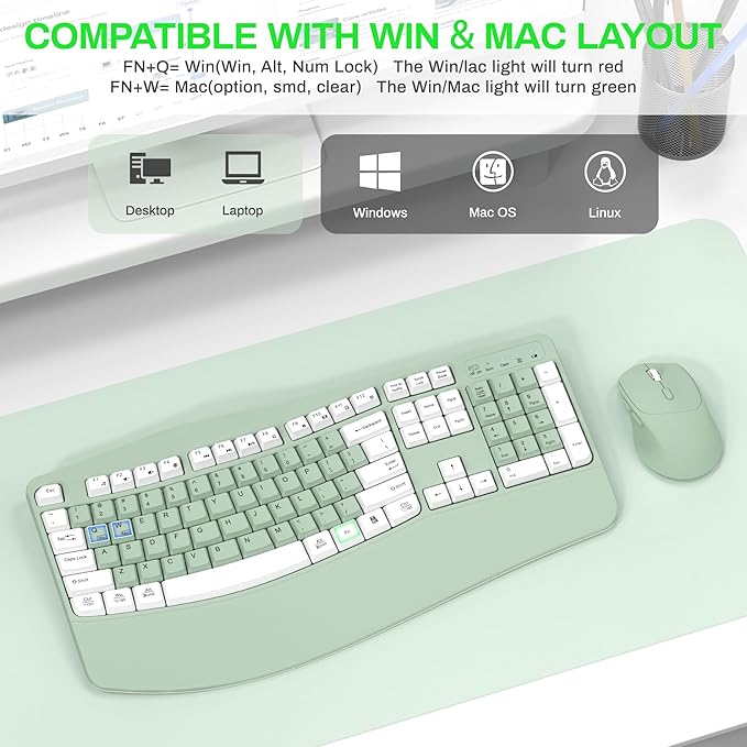 Wireless Keyboard and Mouse Combo,2.4G Full Size Wave Keys Ergonomic Keyboard with Wrist Rest for Natural Typing, 3 DPI Adjustable Ergonomic Mouse for Computer/Laptop/Windows/Mac (Avocado Green-A)