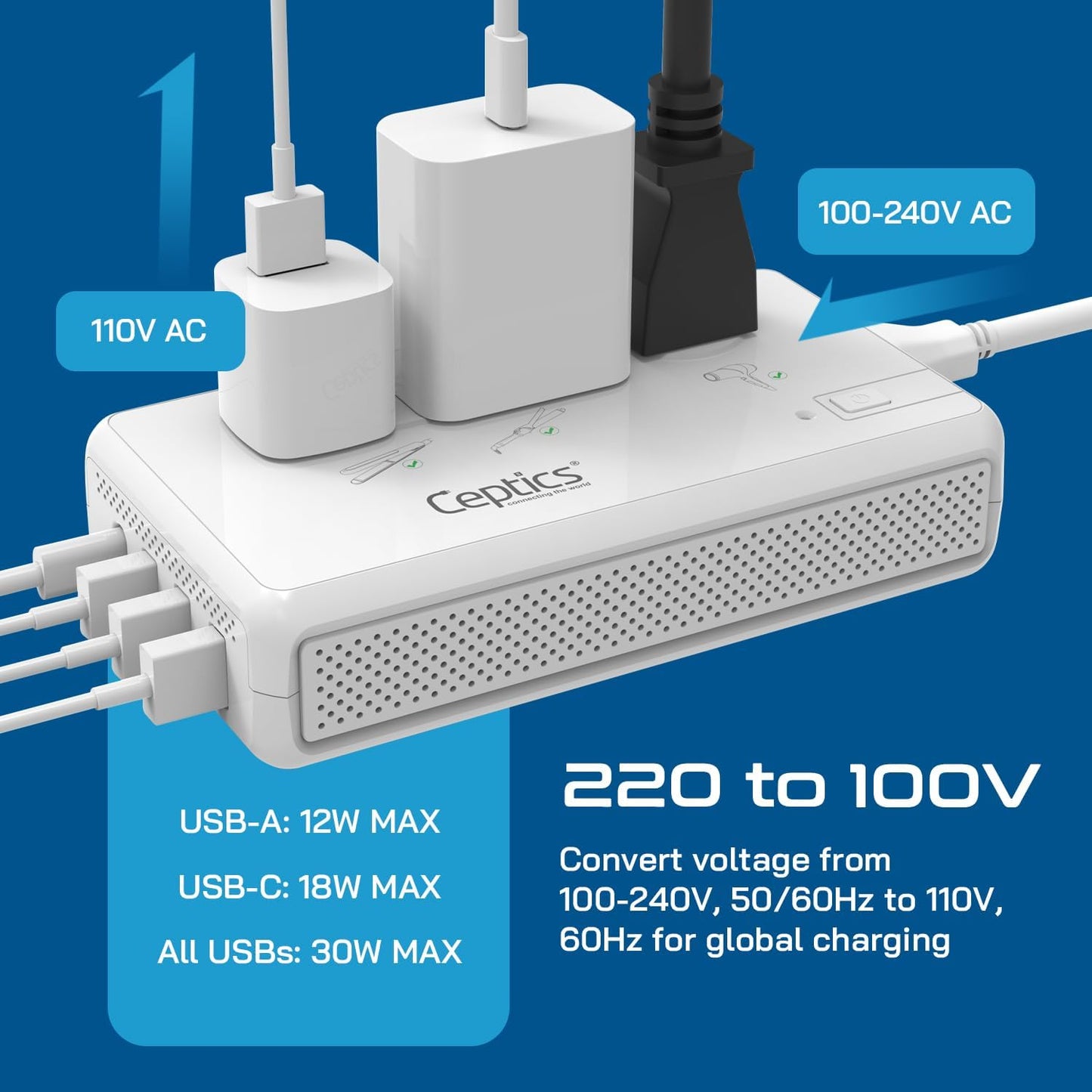 Ceptics Voltage Converter for Travel, 220V to 110V Converter w/Type C, E/F, G, I Plugs, 2000W Outlet for Hair Dryers, 4 USB w/ 1 USB-C PD 18W Fast Charge, for Curling Iron, Straightener, Chargers