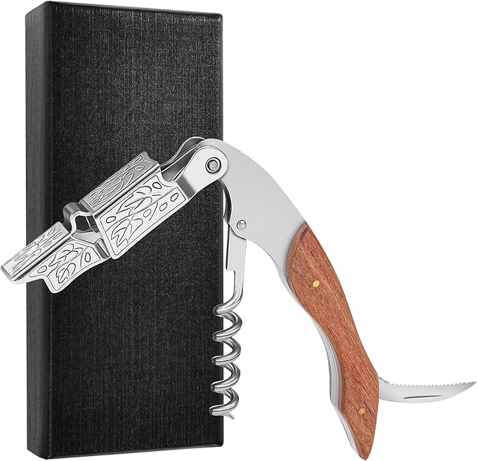 Wine Opener, Wine key, Corkscrew, Wine Bottle Opener w/Foil Cutter and Cap Remover for Servers, Bartenders, Waiters, Sommelier, Wine lover (Grape leaf patterned rosewood, Standard)
