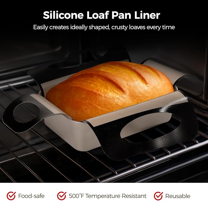 2Pcs Reusable Silicone Bread Loaf Pan Liner, Reusable Silicone Baking Slings with 4 Handles, Non-Stick Bread Pan Lifters, Sourdough Baking Mats, Dough Transfer Tools, Fit 9x5" or 1.5-lb Loaf Pans
