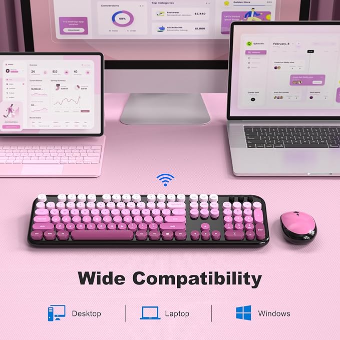 Wireless Keyboard and Mouse Combo, 104 Keys Full Size Typewriter Keyboards, 2.4G USB Plug and Play for Windows 7 8 10 11, PC, Laptop, Desktop, Black & Pink
