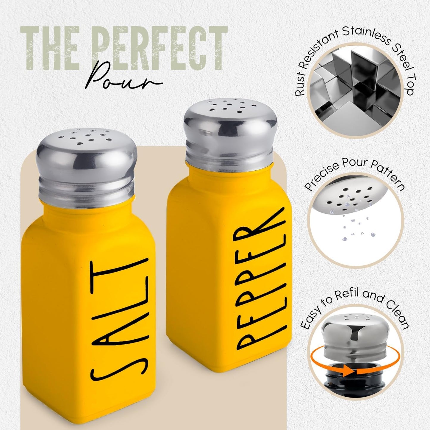 Yellow Salt and Pepper Shakers Set by Brighter Barns - Cute Kitchen Decor & Kitchen Accessories - Cute Glass Shakers - Farmhouse Decor for Home Restaurants Wedding Gift & Stainless Steel Lid (Yellow)