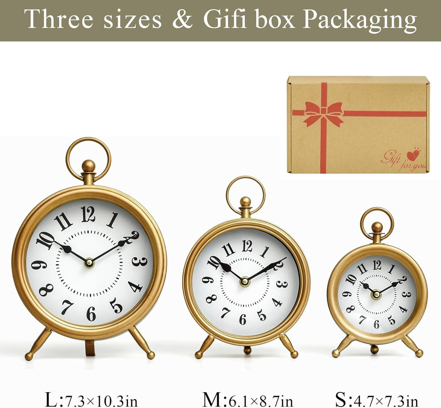 Vintage Table Clock on Stand, Decorative Desk and Shelf Clock Rustic Mantel Clock Non-Ticking, Metal Frame with Antique Gold Finish