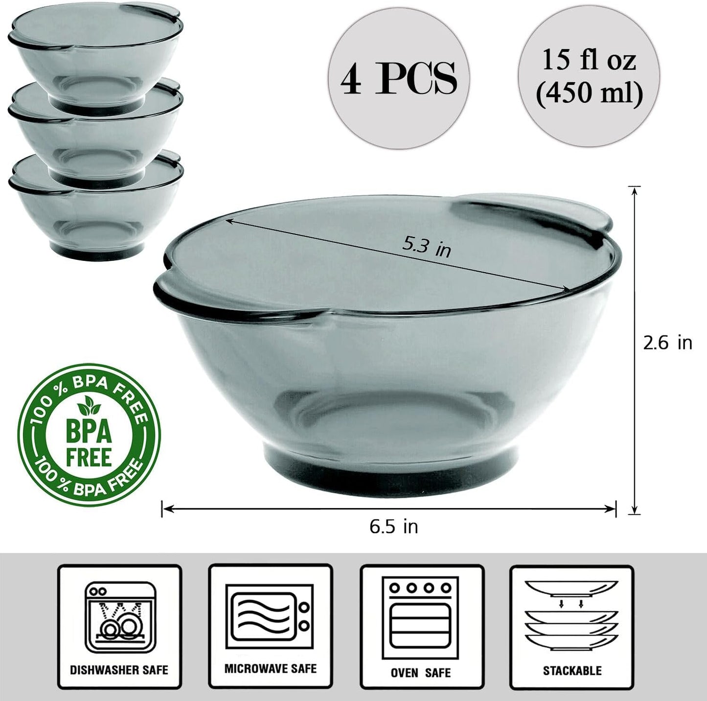 STP GOODS Glass Soup and Salad Bowl with Handles, Cobalt Transparent Glass Eating Plates, Circular Dinnerware for Salad, Bread, Dinner (Gray 4 pcs)