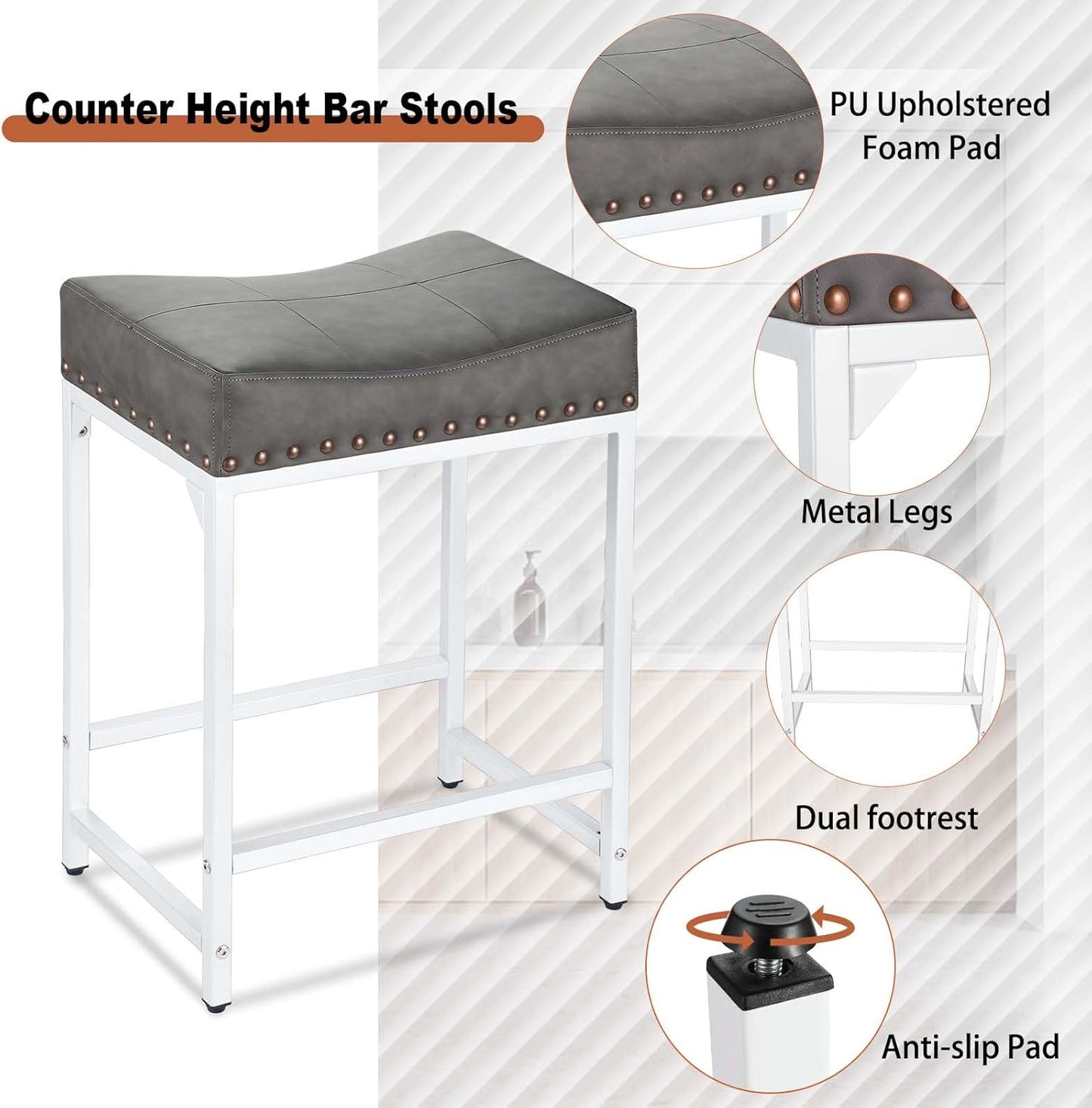 Bar Stools Set of 2, Counter Height Bar Stools with Thick Saddle Cushion and Barstools Metal Frame, 24" Modern Saddle Stool for Bar, Stool for Kitchen Counter Island Pub (Grey+White)