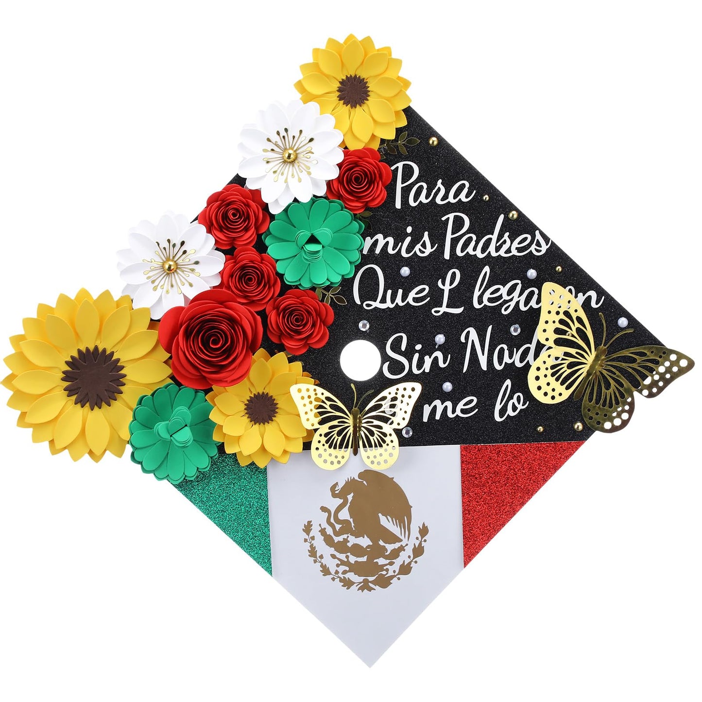 Gersoniel 44 Pcs DIY Graduation Cap Decorations Kit 2026 Mexican Graduation Stole Sash Flower Heads 3D Butterfly Stickers Glitter Rhinestones Pearl Stickers Alphabet Letter Number Grad Cap Topper Gift