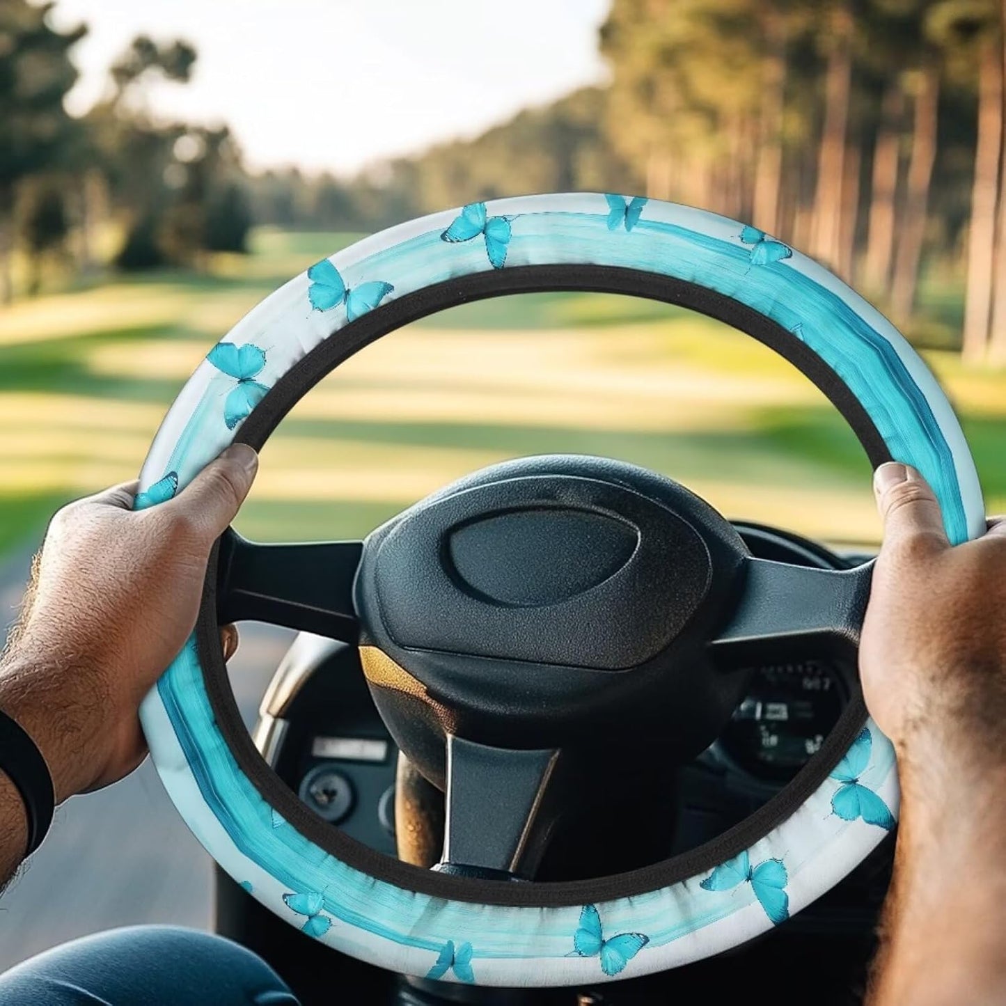 Blue Butterfly Golf Cart Steering Wheel Cover Tropical Beach Stretchable Anti-Slip 13-14 Inch Golf Cart Steering Wheel Covers, Breathable Club Car Accessories Universal Fit