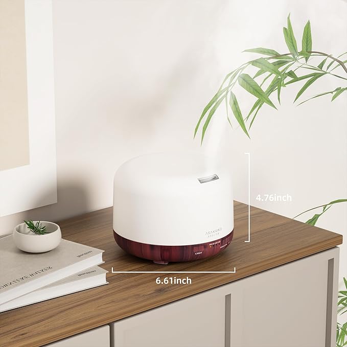 ASAKUKI Essential Oil Diffuser for Home, 500ml Aromatherapy Fragrant Oil Humidifier Vaporizer, 7-Color Light and Auto-Off Safety Switch (Reddish-Brown)