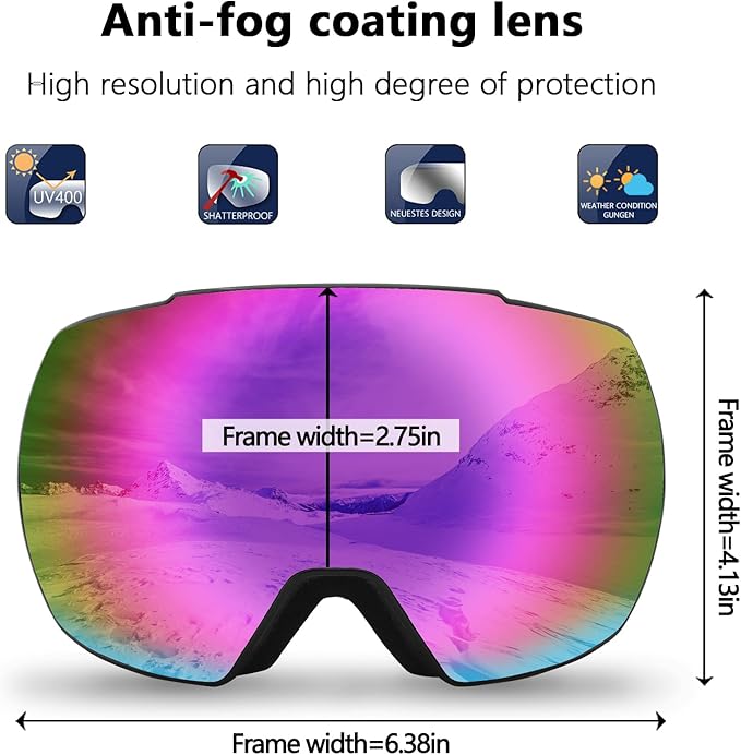 OULAIQI OTG Ski Goggles UV400 Anti-Fog Snowboard Glasses for Men Women Youth- Perfect for Skiing, Snowboarding,Winter Sports