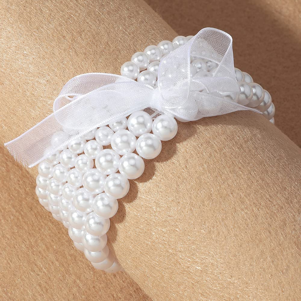 COLORFUL BLING Women Multilayer Temperament Imitated Pearl Stackable Strand Bracelets Beaded Seed Heart Rhinestone Crystal Stretch Bracelet Wedding Wrist Jewelry-5pcs bows