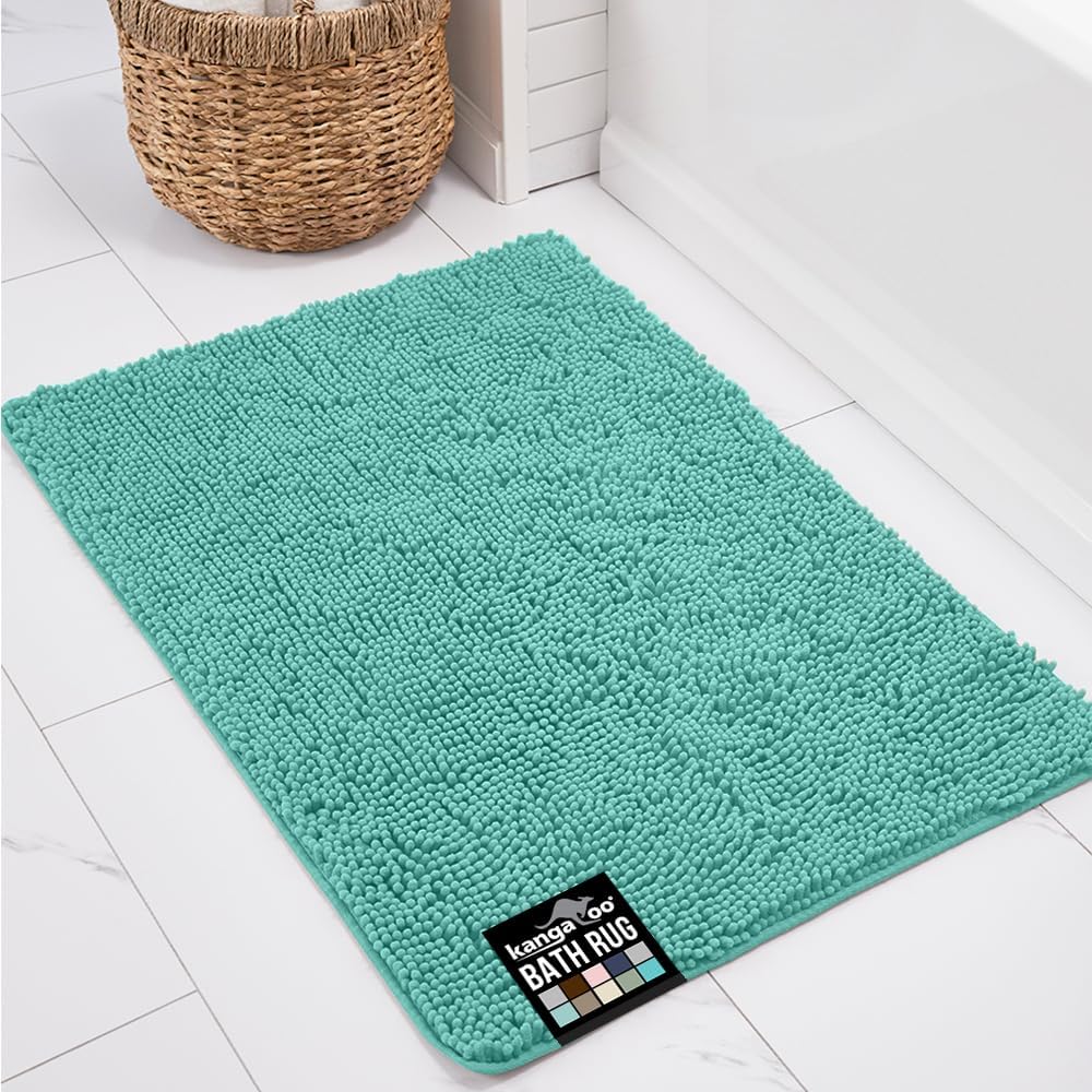 KANGAROO Bathroom Rugs, Chenille Soft Absorbent Bath Rug, Shaggy Shower Mat, Quick Dry Machine Wash Bathmat, Plush Carpet Mats for Tub, Bathtub and Room Home Decor Accessories, 36x24, Turquoise