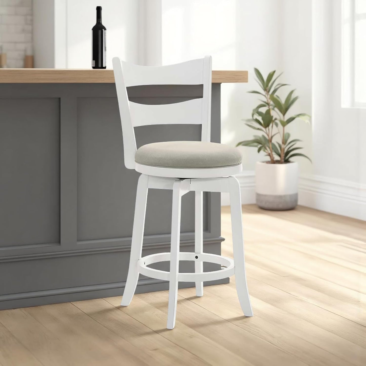 Armen Living Blair 30 in. Matte White Bar Height Rubberwood Swivel Barstool with Fog Fabric Seat - Set of 3