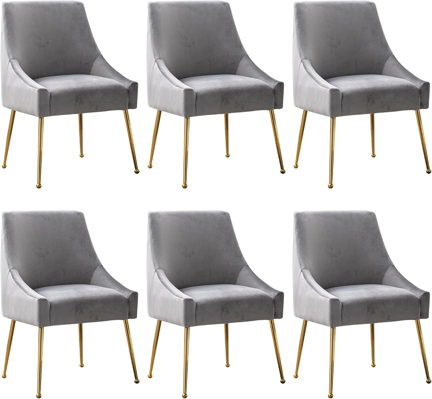 Modern Velvet Dining Chairs Set of 6, Contemporary Upholstered Furniture Collection with Polished Gold Metal Legs, Elegant Accent Chairs for Kitchen Living Room(Grey)