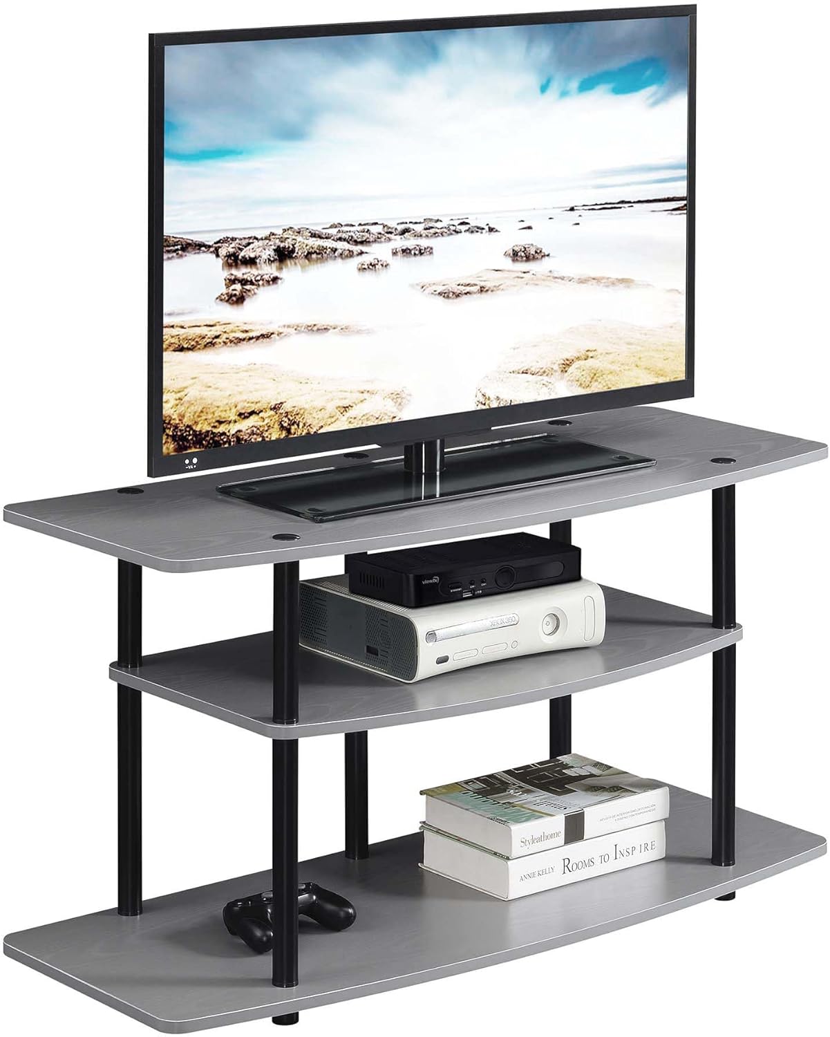 Convenience Concepts Designs2Go No Tools 3-Tier Wide TV Stand 42" - Entertainment Center for TVs up to 46 Inches, Modern TV Mount with Shelves for Living Room, Gray/Black