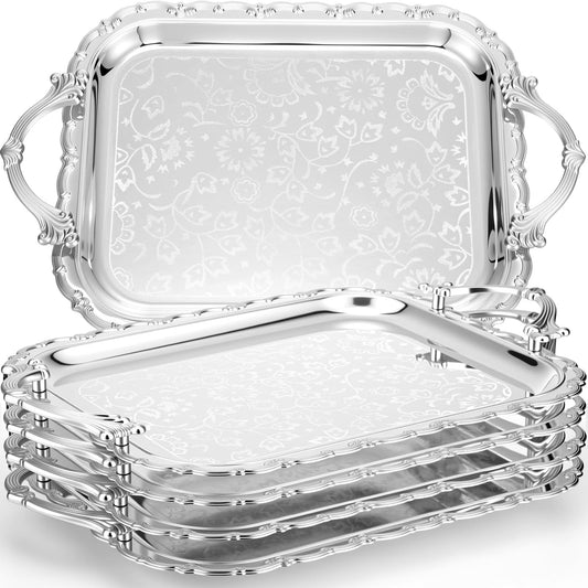 Ferrochef 4 Pcs Silver Serving Tray with Handles Elegant Victoria Floral Engraved Metal Platters Large Decorative Trays for Buffet,Wedding Party, Jewelry Display, Service(Classic,Sliver)