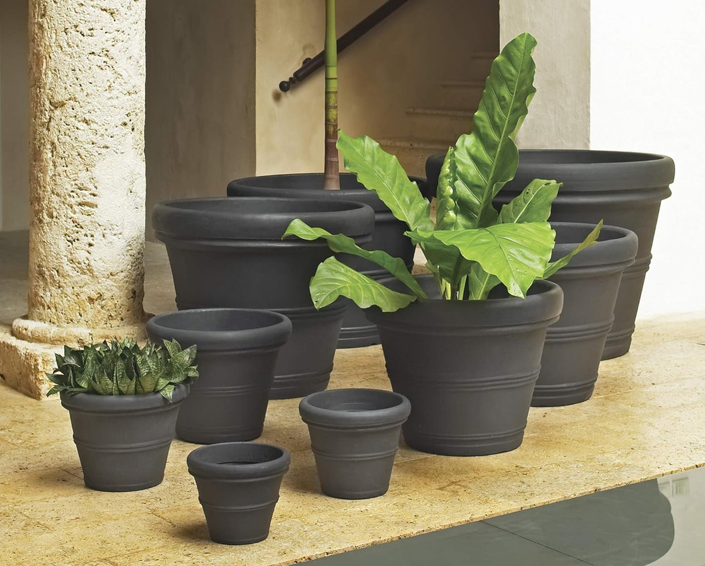 Crescent Garden Brunello Classic Rolled Rim Planter, Indoor/Outdoor Weather-Safe Round Plant Pot, Large Plastic Flowerpot for Flowers, Faux Plants, Trees - 27'' W (Parchment)