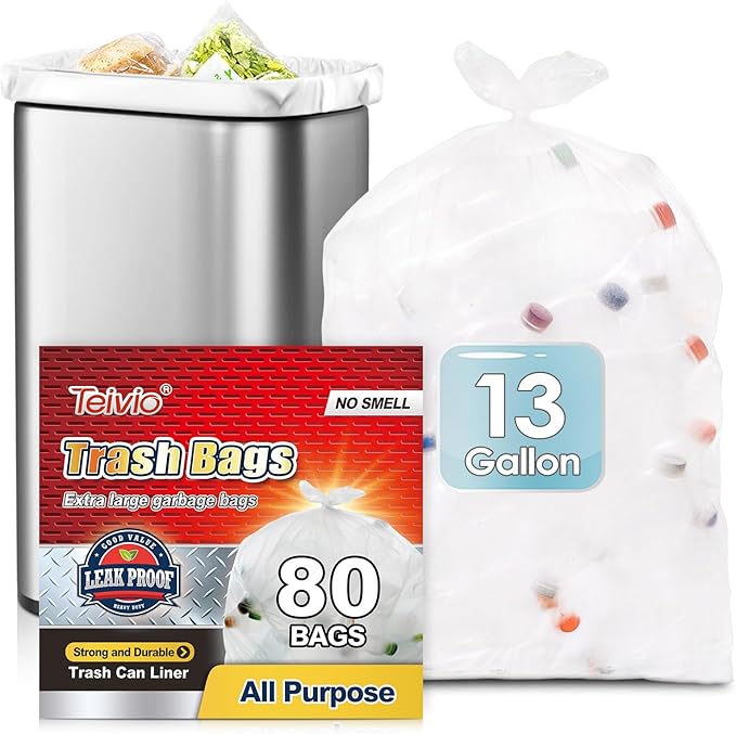 13 Gallon 80 Counts Strong Trash Bags Garbage Bags by Teivio, Bin Liners, Plastic Bags for home office kitchen, Clear
